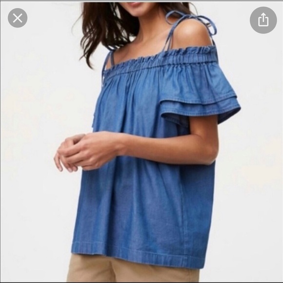 Ann Taylor Loft spring summer top off the shoulder blue chambray denim blouse XS - Picture 5 of 11